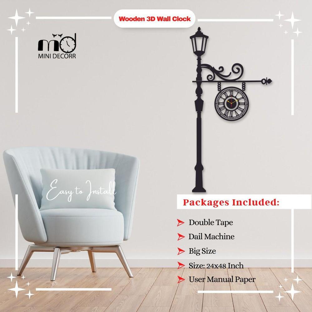 Wooden 3D wall clock on a white wall with a chair and decorative elements.